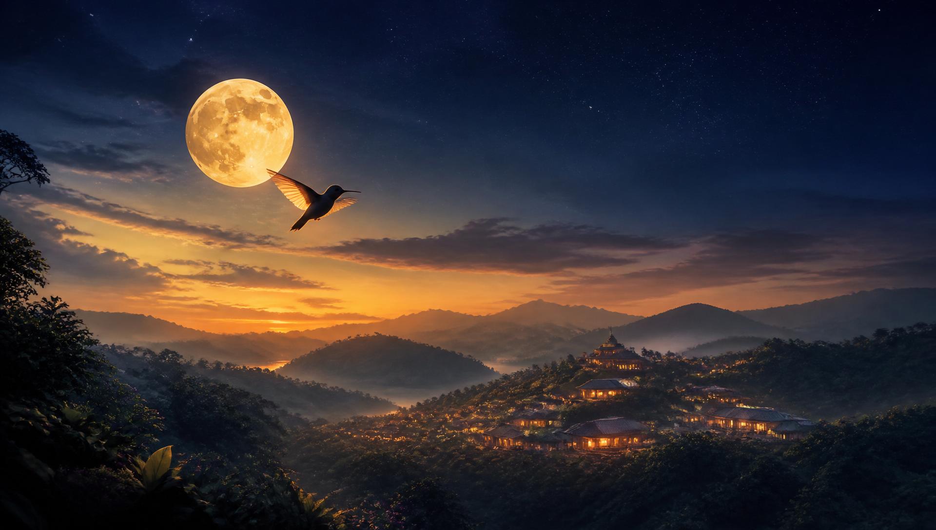 A hummingbird in flight beneath a full moon rising over a warmly lit village in the hills at twilight.