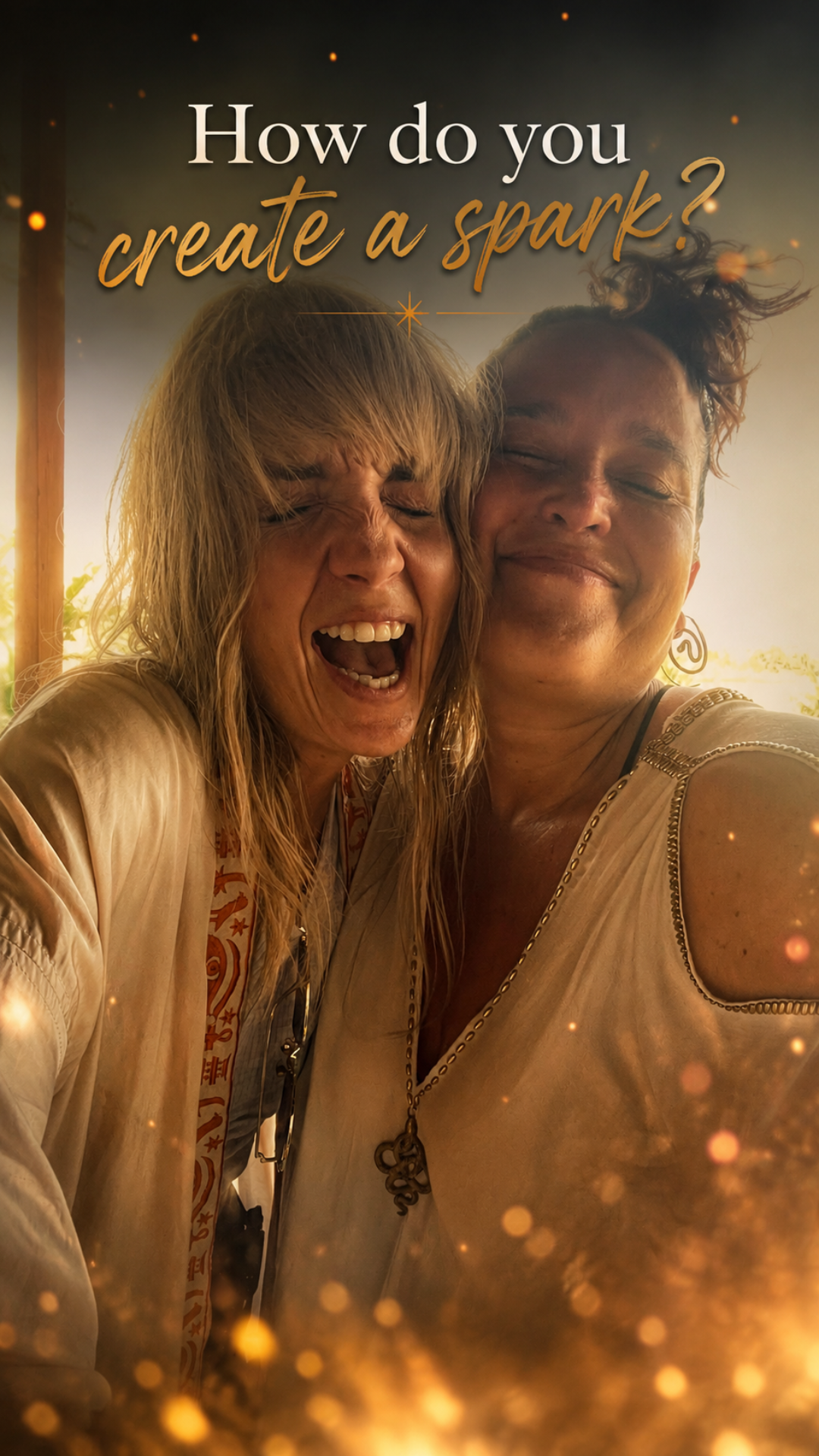 Adriana and Robyn, founders of Spark Keepers, laughing together in warm golden light.